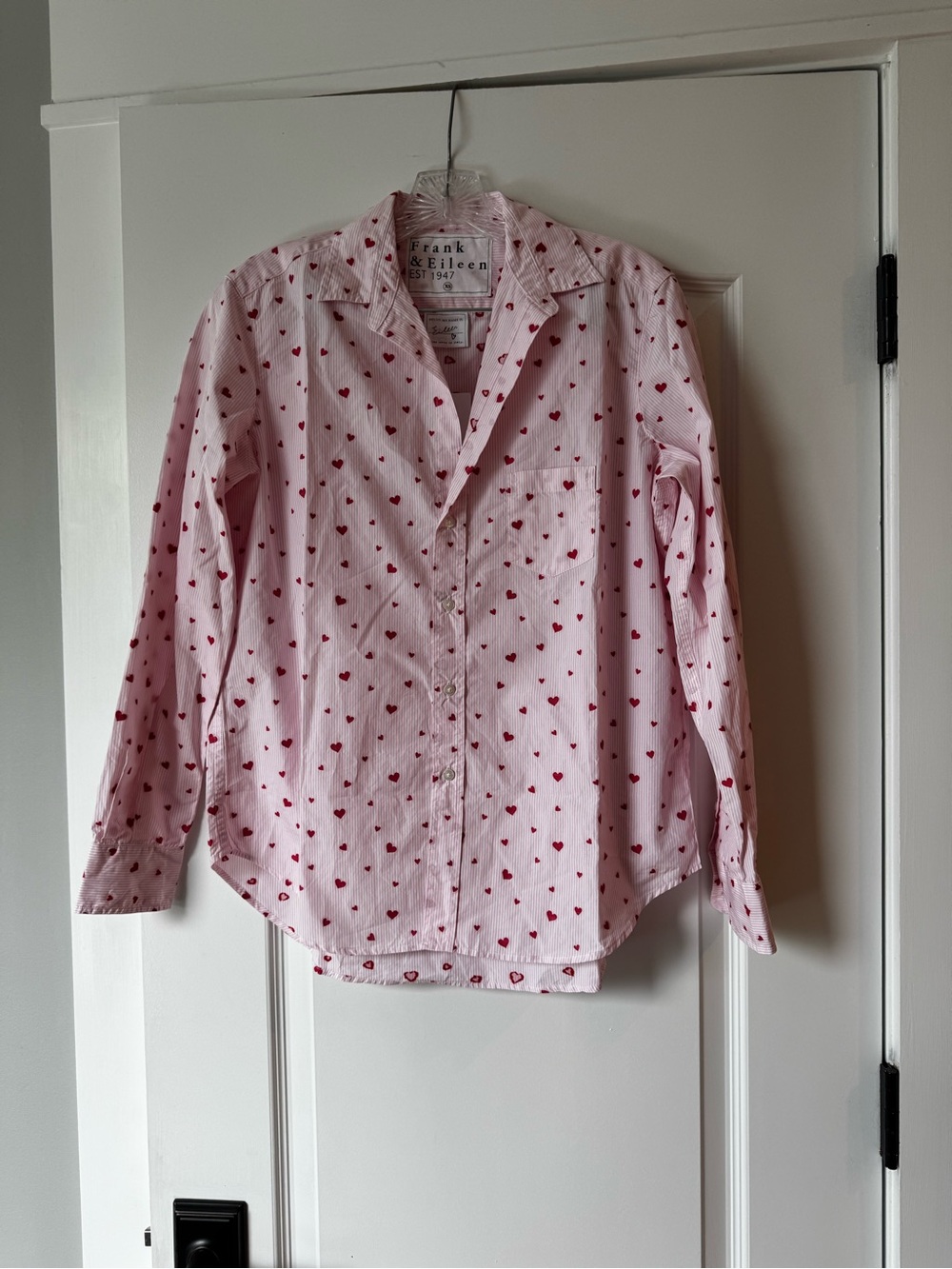 Frank & Eileen Light Pink Button-Down Shirt with Red Heart Print NWT